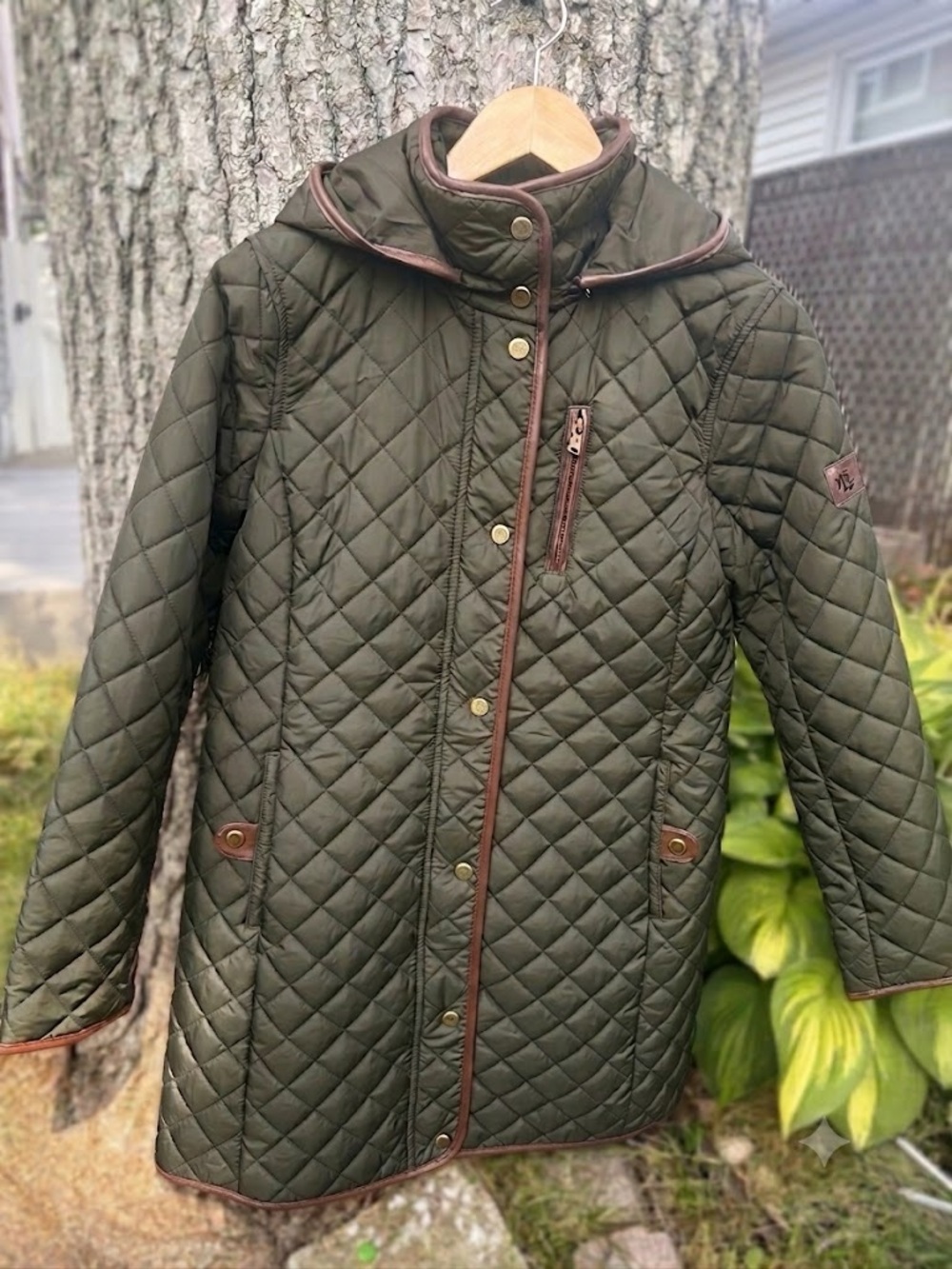 Ralph Lauren Quilted Barn Jacket Coat Olive Green Hooded Equestrian Small Petite